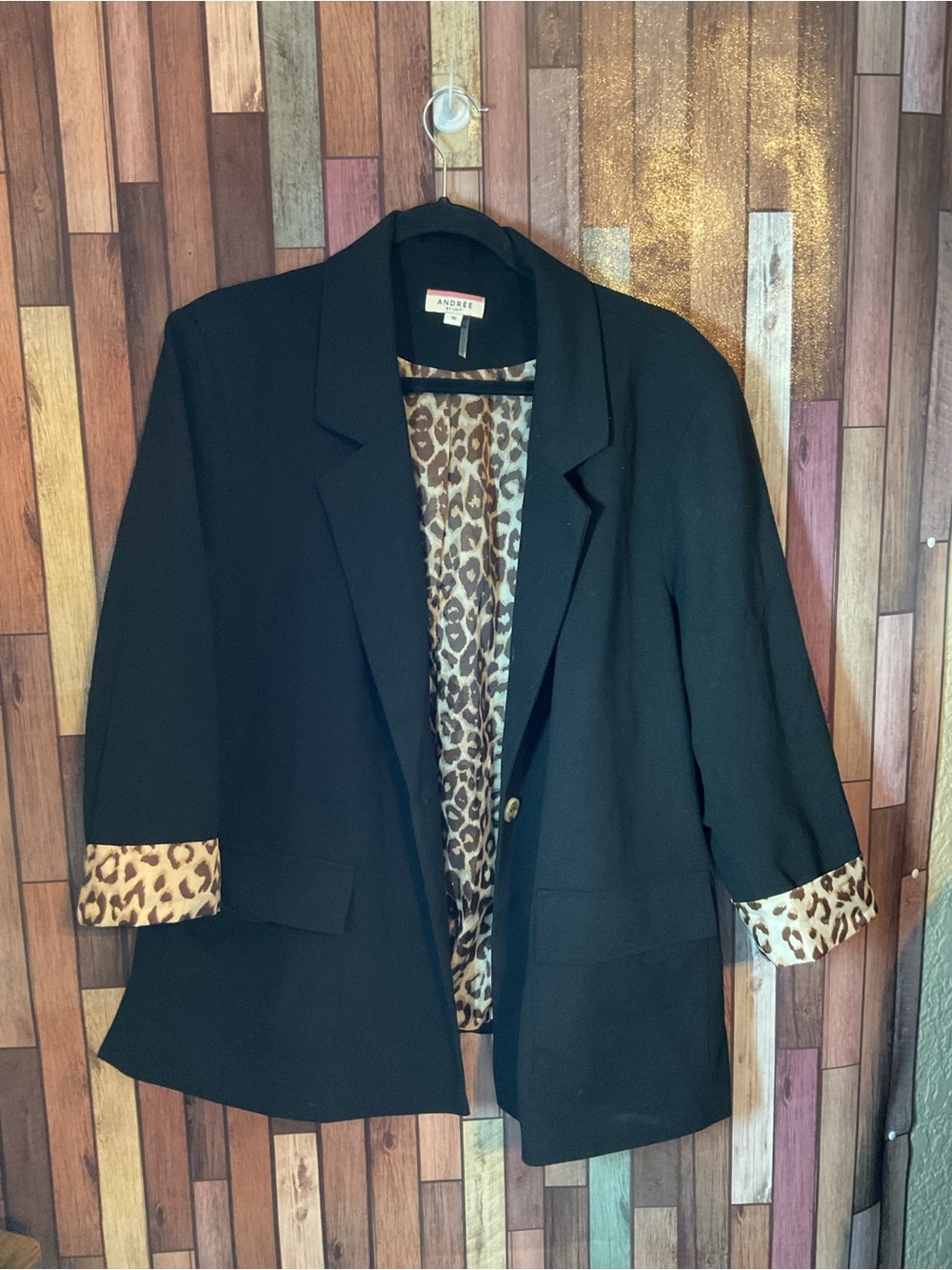 Andree By Unit Jacket Womens 1X Leopard Lined 3/4 Sleeve Black Blazer